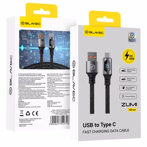 Blavec Zumi punutud kaabel USB - Type C QC 30W 3A LCD-ekraaniga 1m Apple CarPlay/Android Auto must