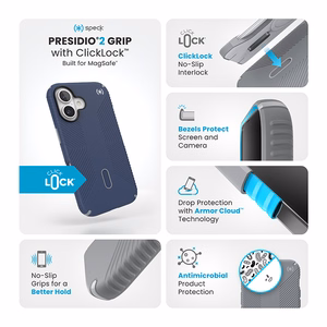 Speck Presidio2 Grip MagSafe'i ja ClickLocki toega ümbris iPhone 16-le, Coastal Blue/Dust Grey