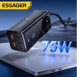 Laadija Essager Boru GaN must 75W (3xPD / 2xQC3.0 / 4kW-16A-250V)