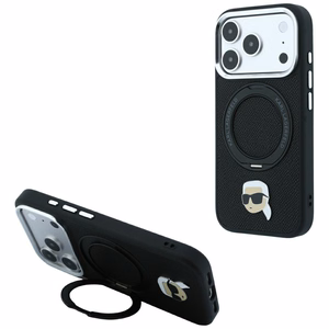 Must Karl Lagerfeldi MagSafe-ümbris 360° rõngasaluse ja Karli pea embleemiga iPhone 18 Pro Max / 17 Pro Max telefonile
