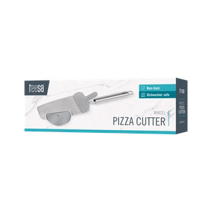 Pizza cutter with cutting wheel, edge-cutting teeth and clamping spatula