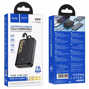 Akupank Hoco 20000 mAh QC PD 22,5W sisseehitatud kaablitega USB C + Lightning Q37A must