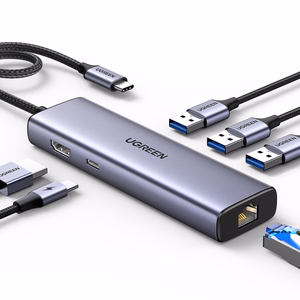 Ugreen CM512 15598 6in1 jaotur USB-C - 3x USB-A 3.0 / HDMI / RJ45 / USB-C PD - hall