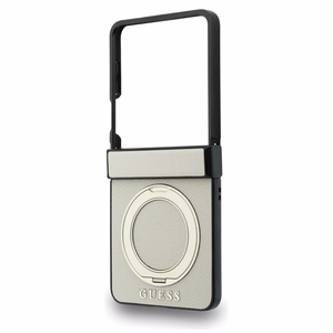 Beež Guess Magnetic Ring Stand Grained Classic Logo MagSafe ümbris Samsung Galaxy Z Flip8 mudelile