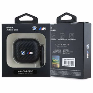 Чехол BMW Carbon Double Metal Logo для AirPods 4 - чёрный