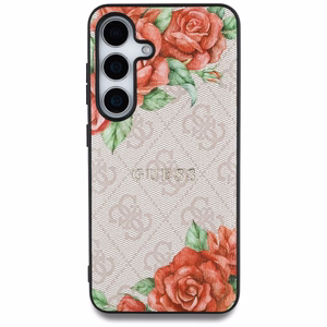 Guess Leather 4G Flowers Print Metal Classic Logo MagSafe Ümbris jaoks Samsung Galaxy S25 - roosa
