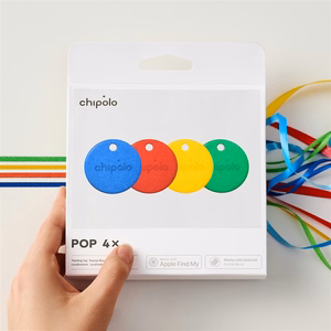Chipolo POP Bluetooth-esemeleidjate komplekt vahetatavate patareidega iOS-i ja Androidi seadmetele, 4 tk (punane, sinine, kollane ja roheline)