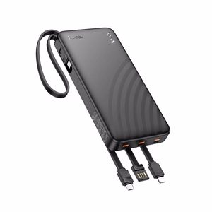 Akupank Hoco 10000 mAh 2A nelja sisseehitatud kaabliga USB A + USB C + Lightning + Micro USB J146 must
