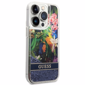 Guess Flower Liquid Glitter ümbris jaoks iPhone 14 Pro Max - sinine