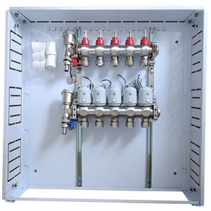 Heating Manifold 5 Loops koos Thermal Actuators NC AC230V ja Flow Meters