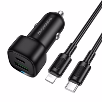 Borofone autolaadija BZ34B Cloud - USB + Type C - QC 3.0 PD 38W koos Type C - Lightning kaabliga musta värvi