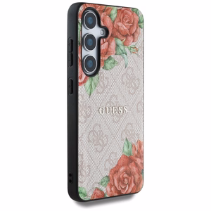 Guess Leather 4G Flowers Print Metal Classic Logo MagSafe Ümbris jaoks Samsung Galaxy S25 - roosa