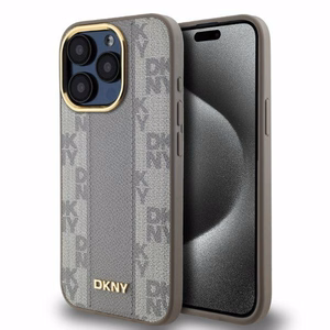 DKNY Leather Checkered Mono Pattern MagSafe iPhone 15 Pro Ümbris - Beige