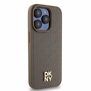 DKNY Leather Monogram Pattern Metal Logo MagSafe Ümbris jaoks iPhone 15 Pro - Brown