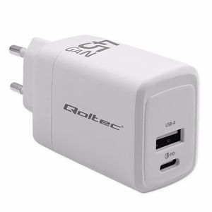 Qoltec 51825 GaN 45W laadija, 5-20V, 1.5-3A, 1 x USB-C PD, 1x USB QC 3.0, valge