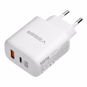 Mobiililaadija VEGER USB-A + Type-C PD QC3.0 3,25 A 65 W + kaabel USB-C–USB-C TR67, valge