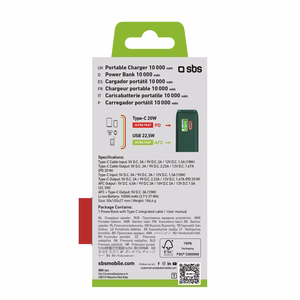 Powerbank SBS 10000 mAh 20W with built-in USB-C cable and digital display - green