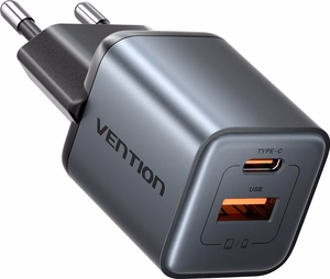 Vention 30W laadija GaN-tehnoloogiaga, 1× USB-A, 1× USB-C, must