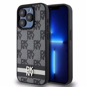 DKNY Leather Checkered Mono Pattern & Printed Stripes iPhone 15 Pro Ümbris - Must