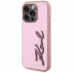 Karl Lagerfeld Wrinkled Metal Signature iPhone 15 Pro Ümbris - Roosa