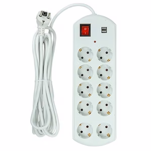 Extension cord 5m, 10 sockets, 2x USB, koos switch