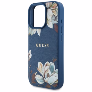 Guess Grained Printed Flower Pattern MagSafe ümbris jaoks iPhone 16 Pro sinine