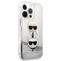 Karl Lagerfeld Liquid Glitter Karl&Choupette Head ümbris iPhone 13 Pro / iPhone 13 jaoks - hõbedane