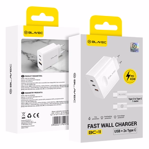 Blavec Wall charger BC-11 GaN - USB + 2xType C - QC PD 65W 3A with Type C to Type C cable (TCBC11G-U2CW653A) white