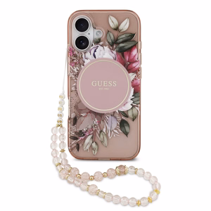 Чехол Guess IML Flowers Strap MagSafe для Apple iPhone 17, розовый