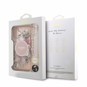 Чехол Guess IML Flowers Strap MagSafe для Apple iPhone 17, розовый