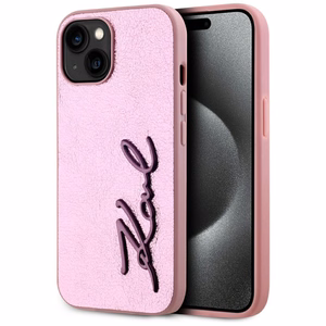 Karl Lagerfeld Wrinkled Metal Signature iPhone 15 Ümbris - Roosa