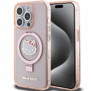 Hello Kitty Ring Stand Glitter Electrop Logo MagSafe Ümbris jaoks iPhone 15 Pro - Roosa
