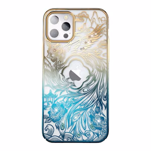 Luxury iPhone 14 Plus Ümbris with Kingxbar Phoenix Crystals - kuldne and sinine