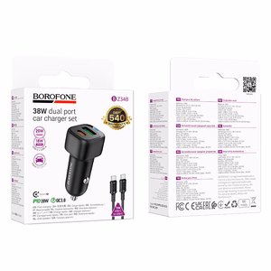 Автомобильное зарядное устройство Borofone BZ34B Cloud USB Type-C QC 3.0 PD 38W с кабелем Type-C чёрный