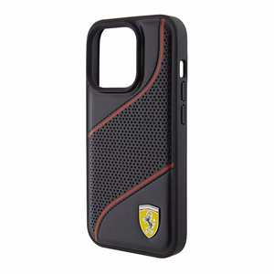 Ferrari Perforated Waves Metal Logo ümbris jaoks iPhone 15 Pro - must