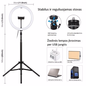 LED Ring Lamp 30cm koos Tripod Mount Up To 1.65m, phone clamp, USB