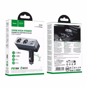 Autolaadija Hoco 1xUSB A + 1xUSB C+2x sigaretisüütaja pordid PD QC3.0 max 240W/24V Z65B must