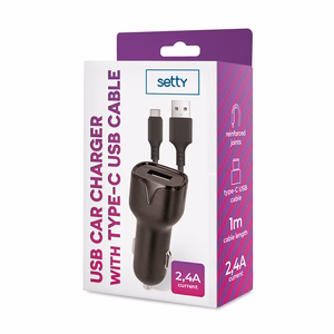 Setty autolaadija 1x USB 2,4A must + USB-C kaabel 1,0 m