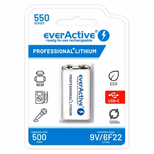 everActive 6F22/9V Li-ion 550 mAh laetav aku USB Type-C-ga
