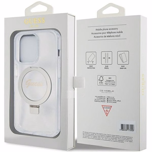 GUESS ümbris jaoks IPHONE 15 Pro compatible with MagSafe GUHMP15LHRSGSD (Glitter Script Logo Ring stand) läbipaistev