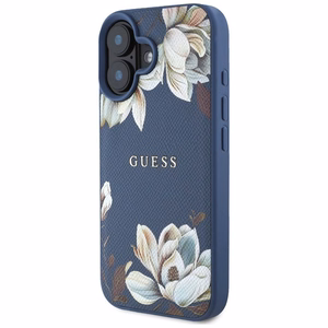 Guess Grained Printed Flower Pattern MagSafe ümbris jaoks iPhone 16 sinine