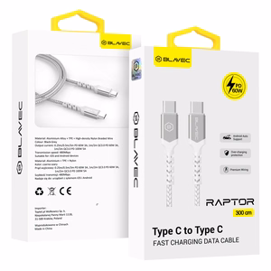 Blavec Kaabel Raptor braided - Type C to Type C - PD 60W 3A 3 metres Apple CarPlay/Android Auto (CRA-CC3WS30) valge-hõbedane