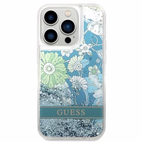 Guess Flower Liquid Glitter ümbris jaoks iPhone 14 Pro Max - roheline
