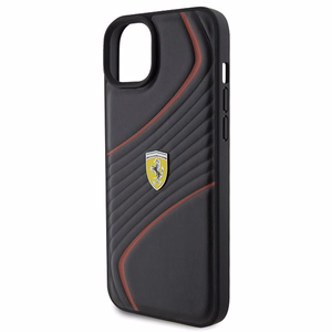Ferrari Twist Metal Logo ümbris jaoks iPhone 15 Plus - must