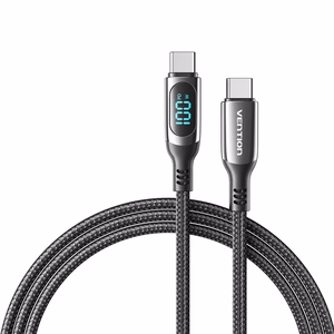 Vention puuvillane USB 2.0 C Male kuni C Male 5A kaabel LED-ekraaniga 1.2M, must, tsingi sulam