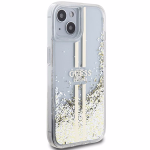 Guess Liquid Glitter kuldne Stripes ümbris jaoks iPhone 15 Plus / 14 Plus - läbipaistev