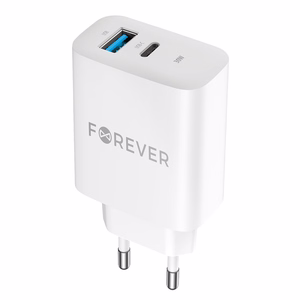 Forever TC-07-30AC PD QC laadija 1x USB-C 1x USB 30W valge + USB-C - USB-C kaabel 60W