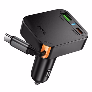 Автомобильное зарядное устройство Hoco с выдвижным кабелем 2 x USB C + USB A QC PD 65W NZ18 чёрное