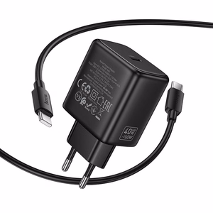 GaN зарядное устройство для телефона Hoco USB C PD AVS 40W max 60W с кабелем USB C на USB C N83 черное