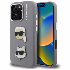 Karl Lagerfeld FW Grained Karl & Choupette Heads Pins чехол iPhone 16 Pro - серый